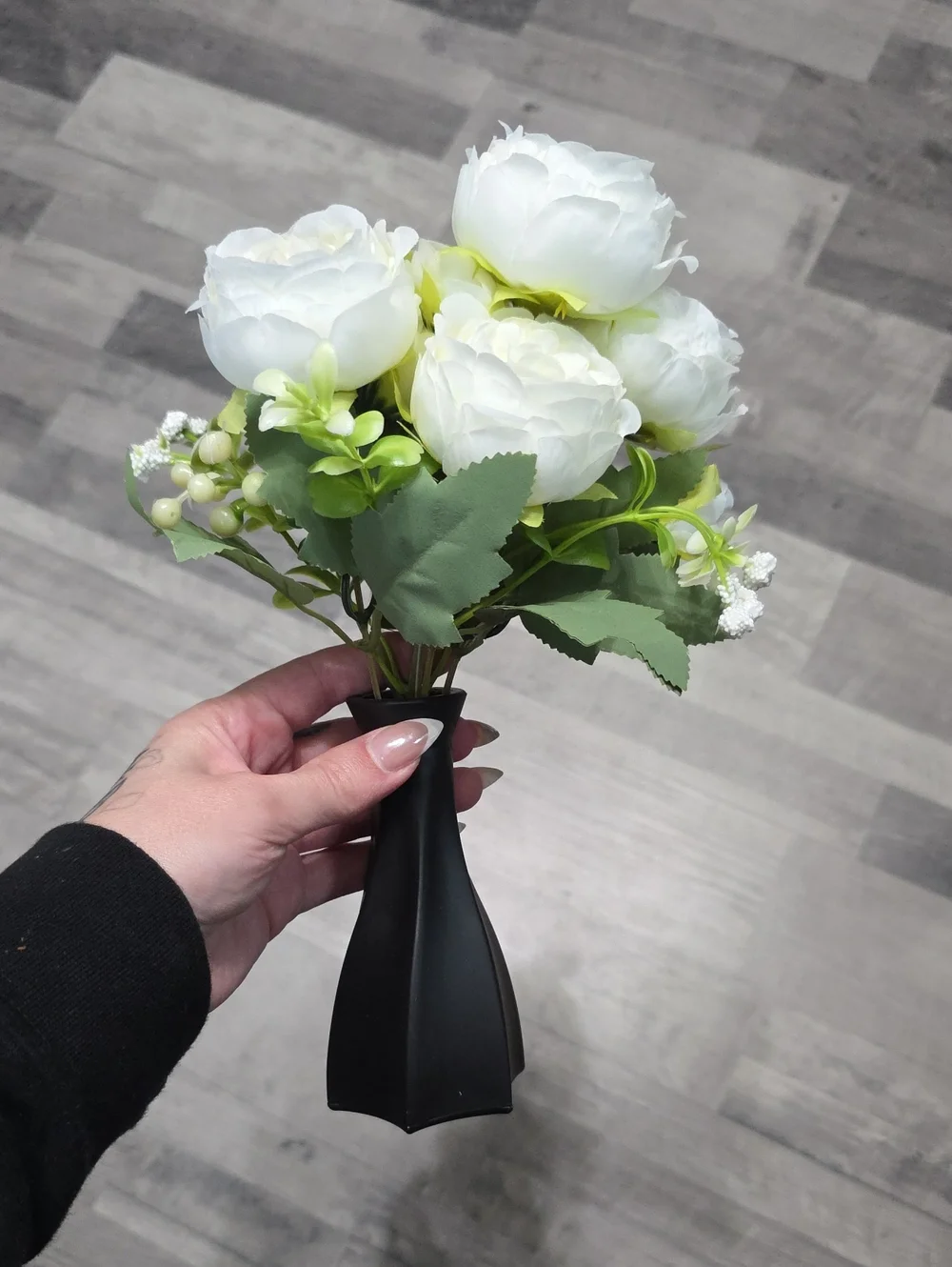 Artificial White Peony Bouquet in Black Vase